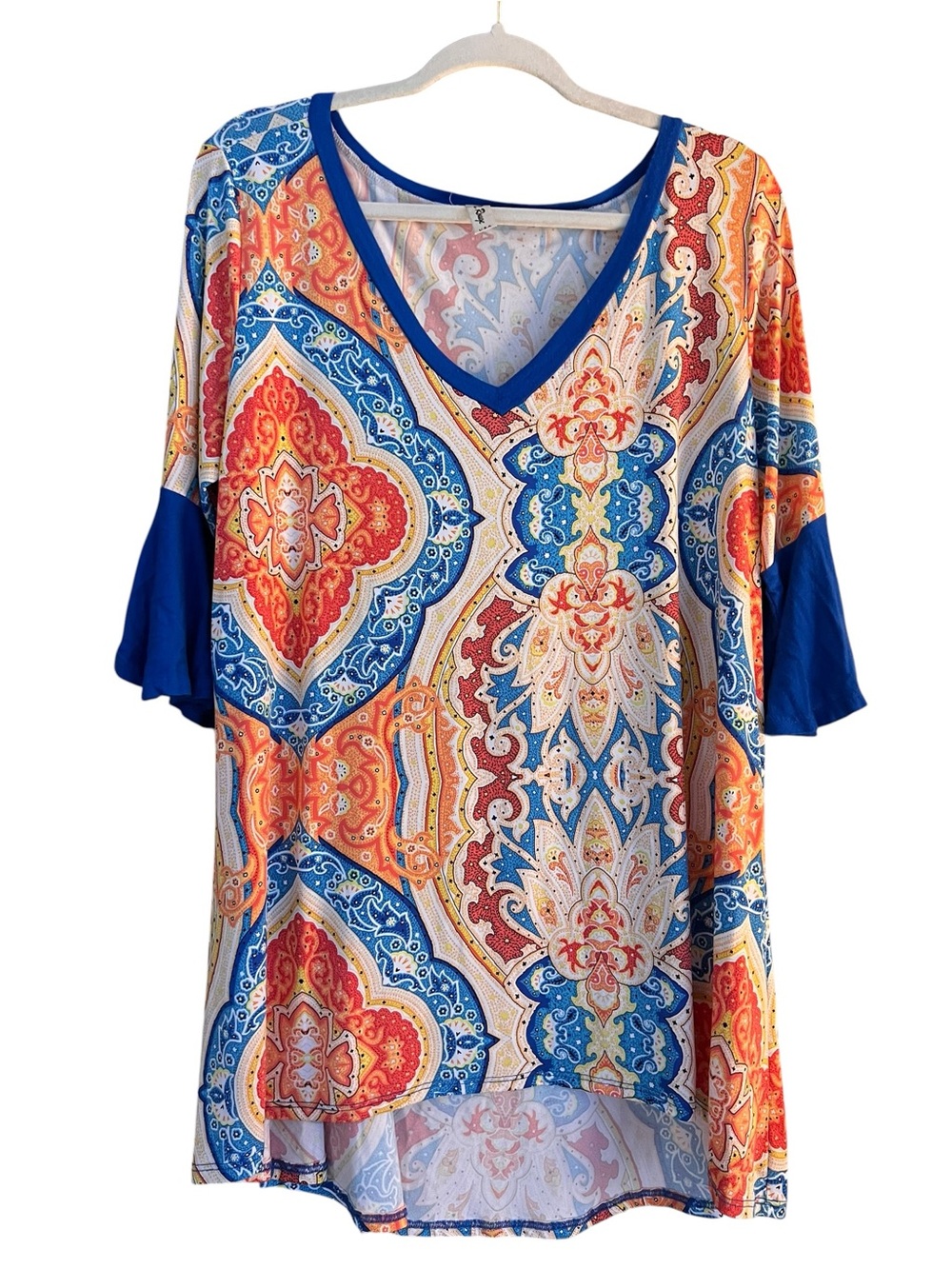 R. Rouge 3X Paisley Tunic Top Blue Orange Bell Sleeve V Neck Boho - Picture 5 of 11